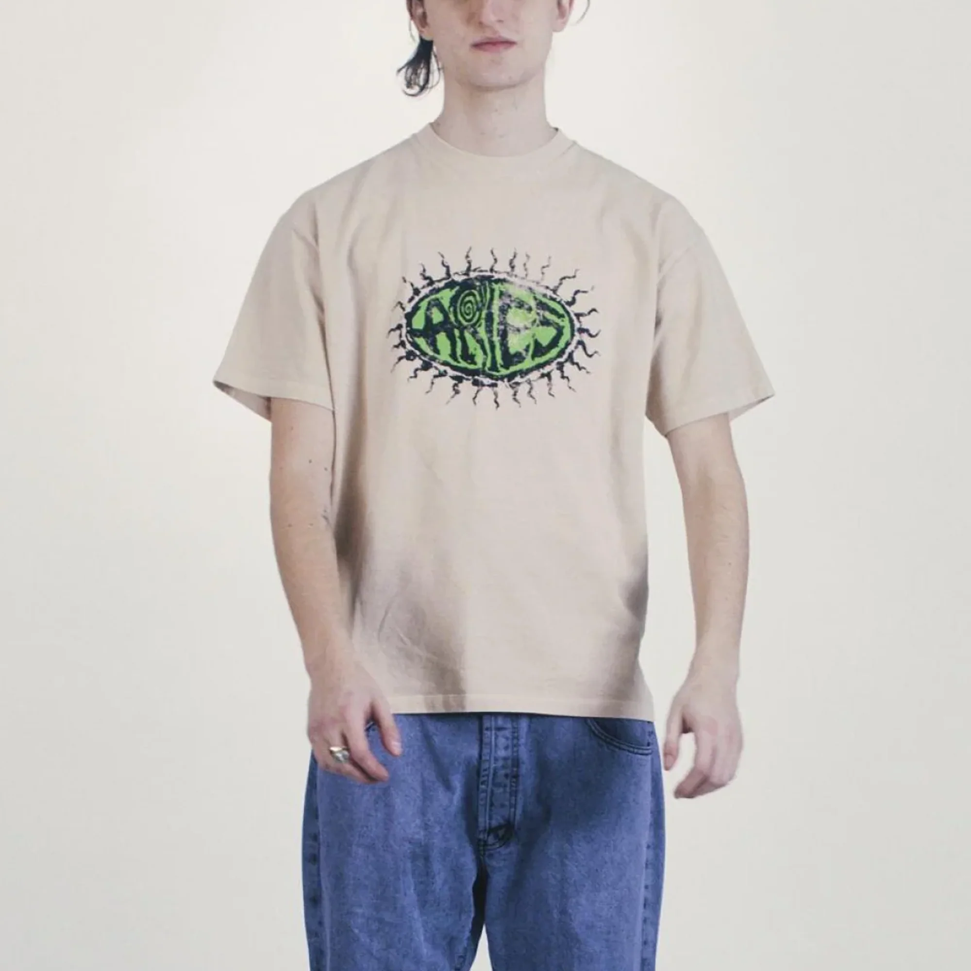 Aries Faded Grunge Short Sleeve T-Shirt Beige - Image 6
