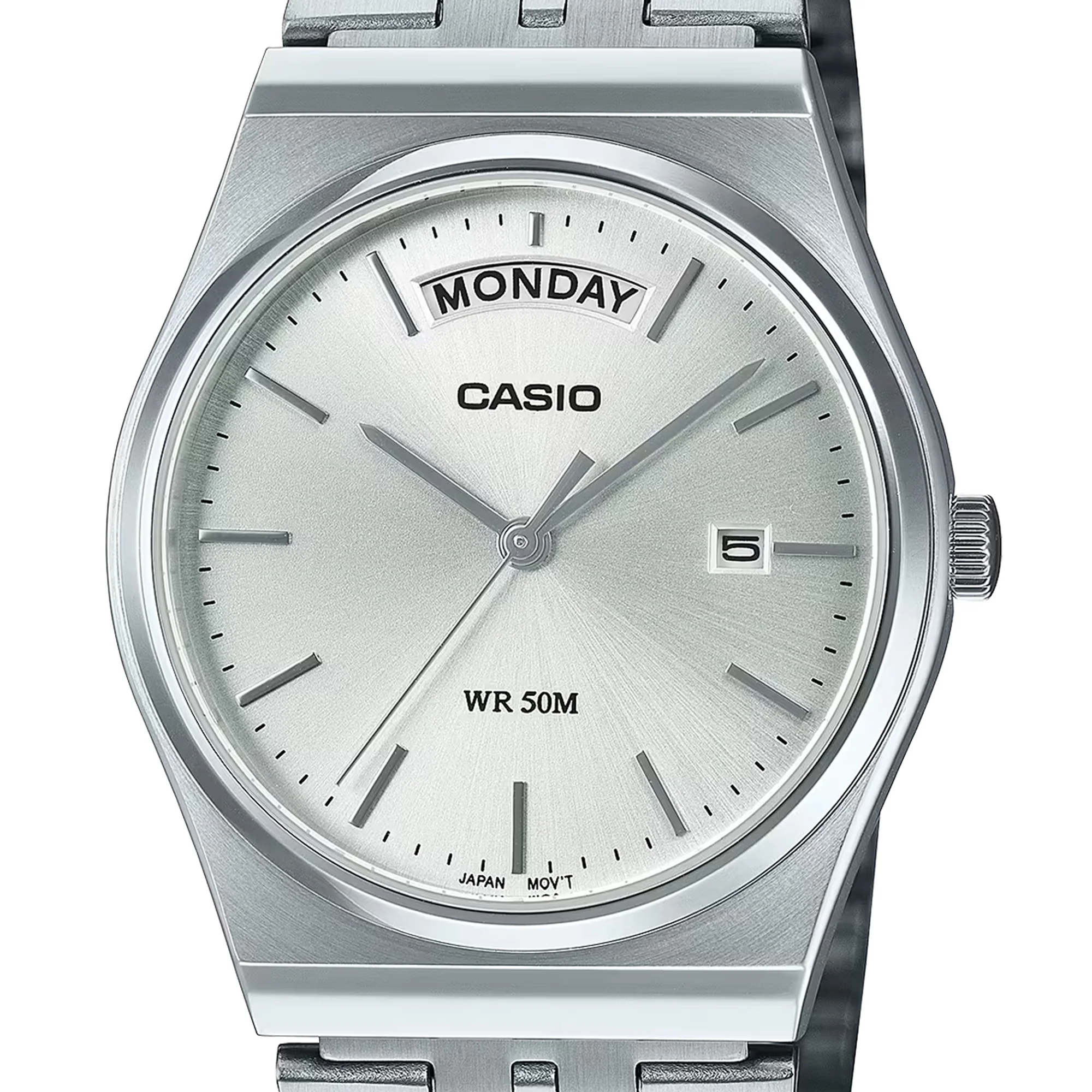 Casio Analogue Day Date Retro White Face, Stainless MTPB146D-7A - Image 2