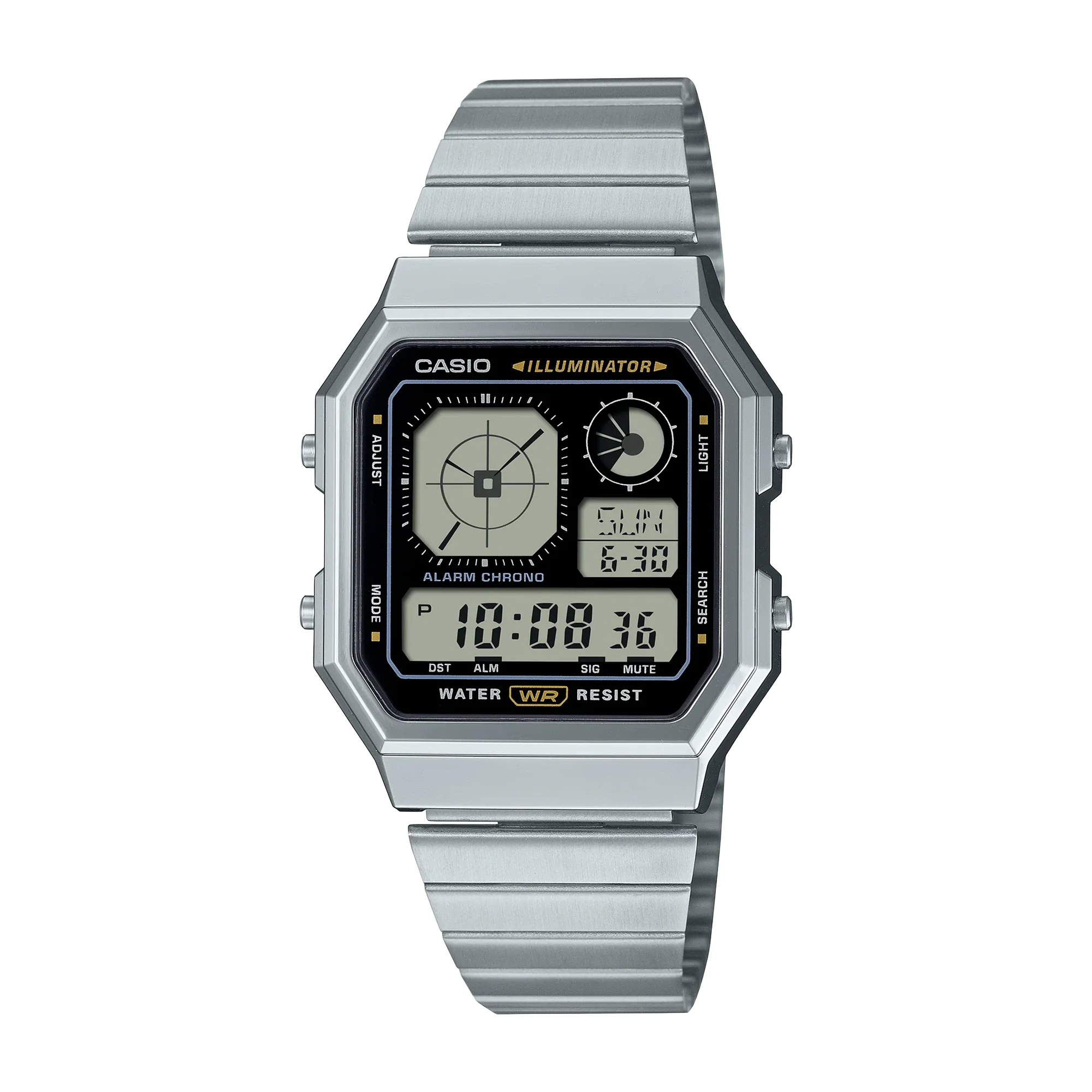 Casio Vintage Digital Stylish Octagon Blk Face/Chrome Plated A130WE-1A