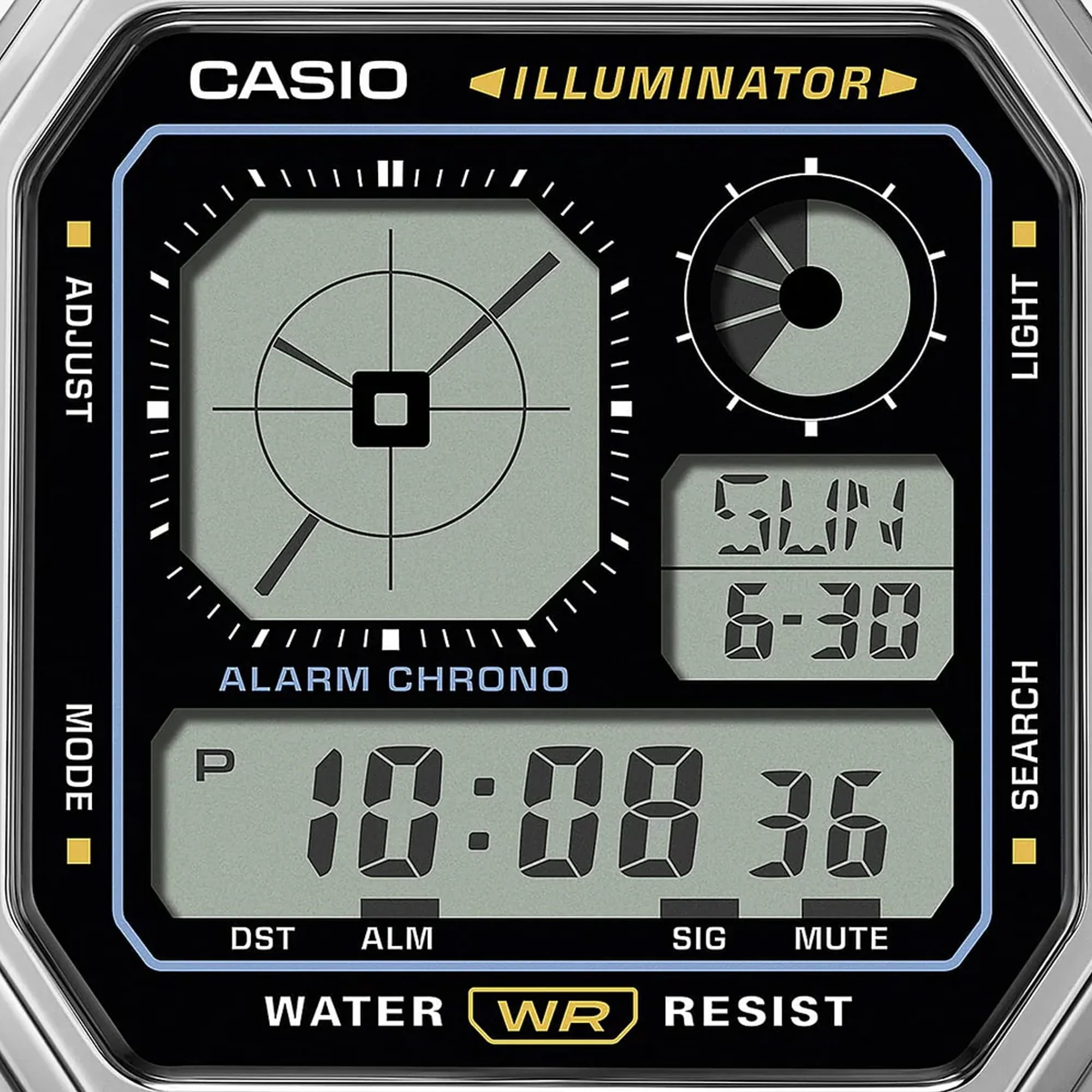 Casio Vintage Digital Stylish Octagon Blk Face/Chrome Plated A130WE-1A - Image 2