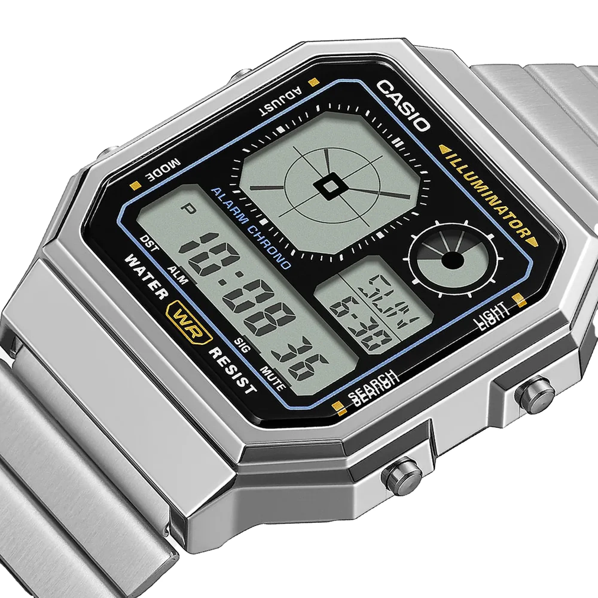 Casio Vintage Digital Stylish Octagon Blk Face/Chrome Plated A130WE-1A - Image 4