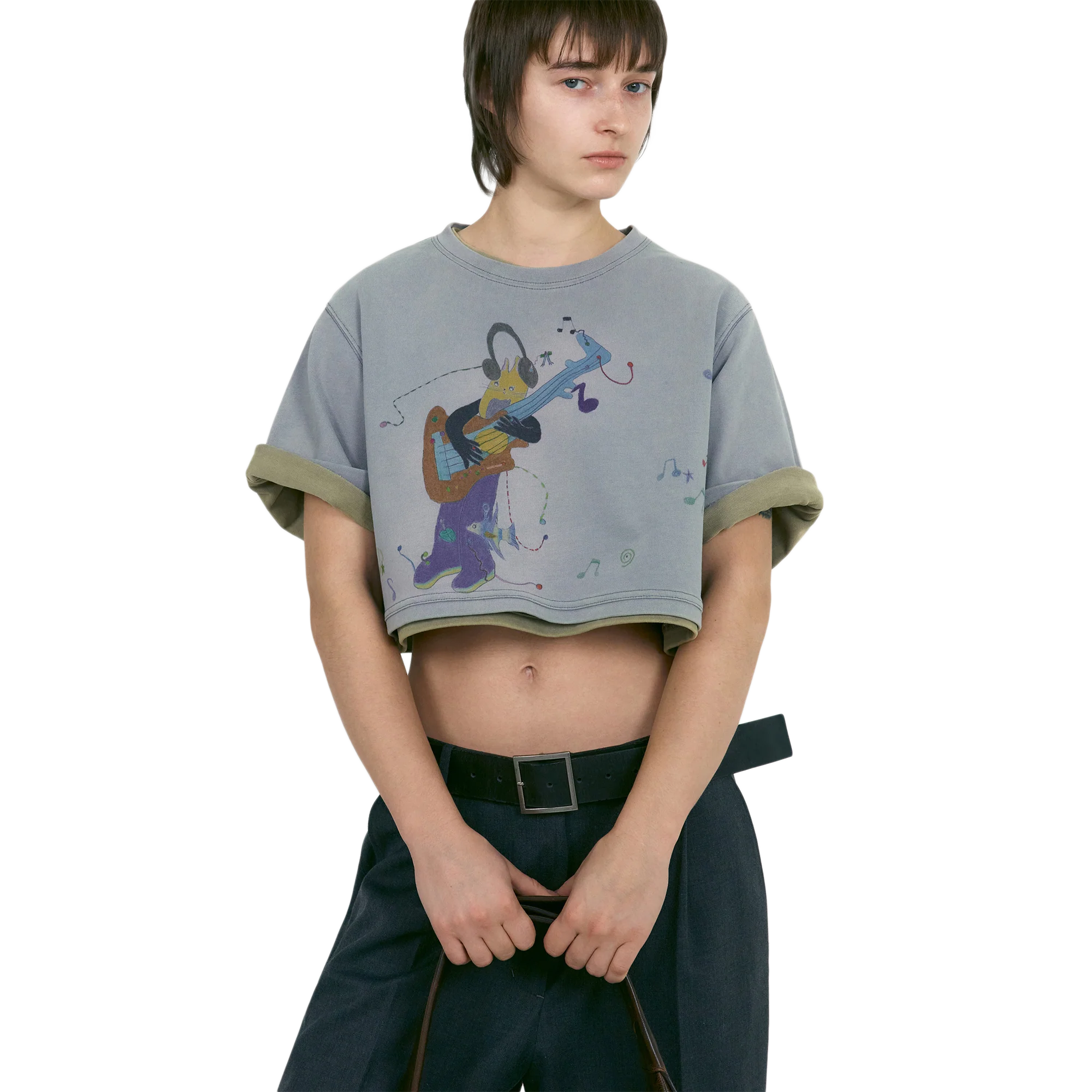 Low Classic x Uou Cute Washed Rockstar Cat T-Shirt Greyish Purple - Image 2