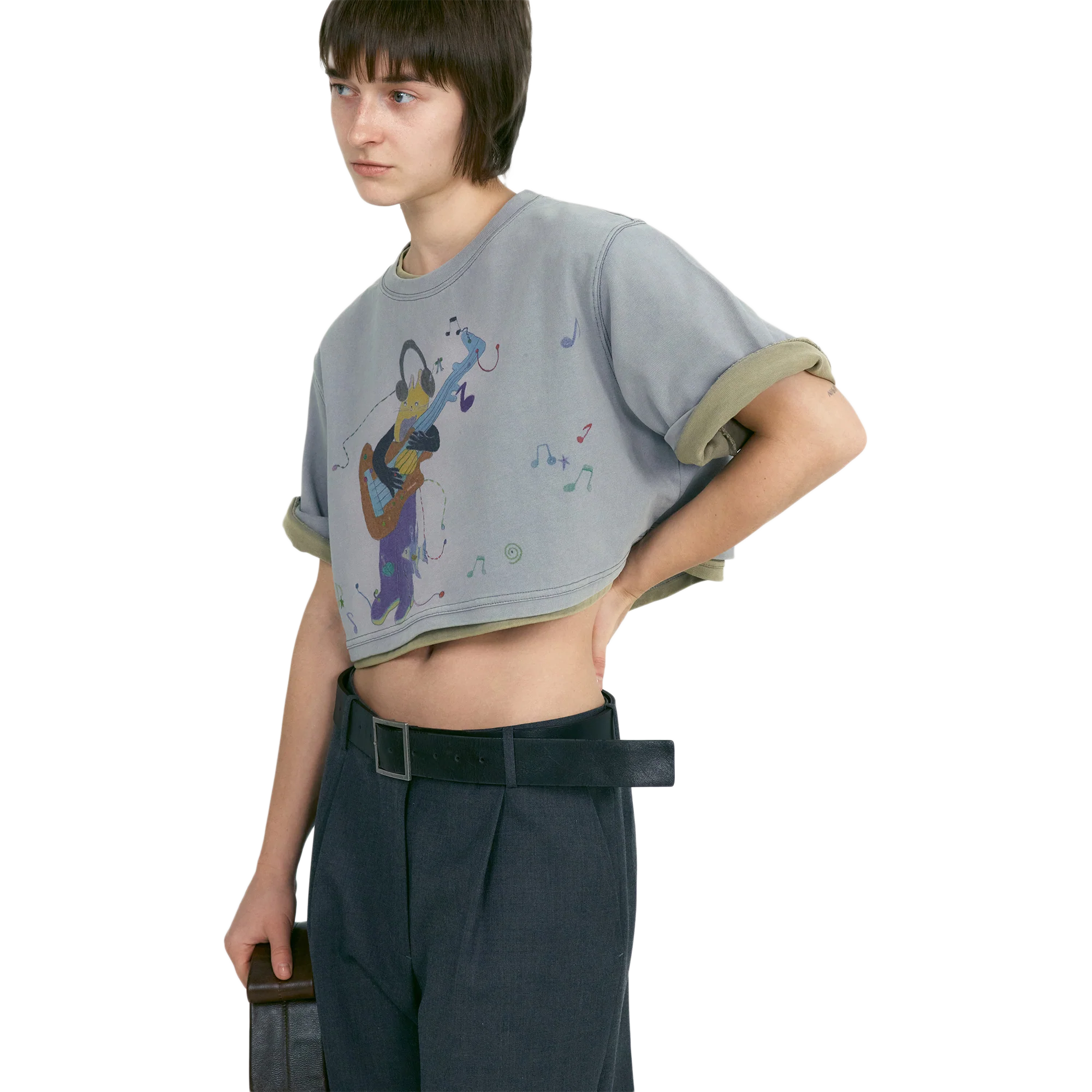 Low Classic x Uou Cute Washed Rockstar Cat T-Shirt Greyish Purple - Image 3